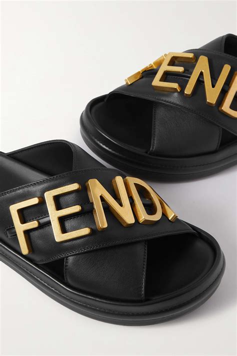 fendi metallic leather logo slides|fendi flat slides.